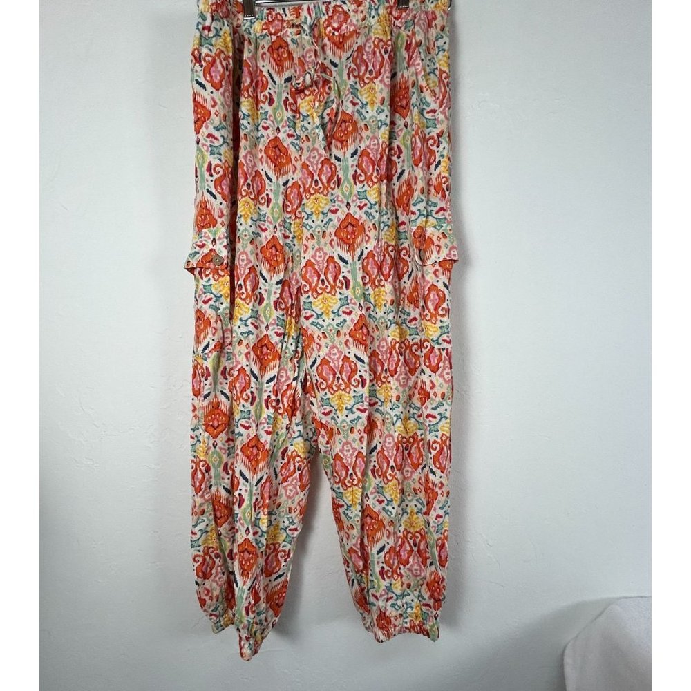 Christian Siriano New York Linen Blend Elastic Waist Boho Printed Pants XL New